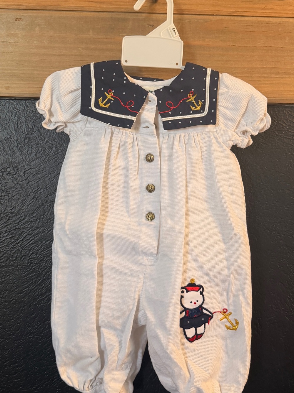 Navy-Trim White Nautical Bear Baby One-Piece